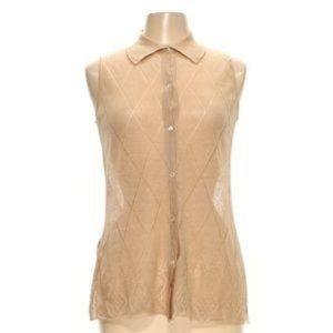 Beige Linen Sleeveless Button Up Lace Blouse Top SZ M Neutral